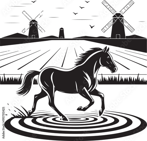 Black silhouette vector illustration of a wild mustang stallion and equestrian rider galloping through nature, featuring a majestic mane and tail design in a stylized equine drawing