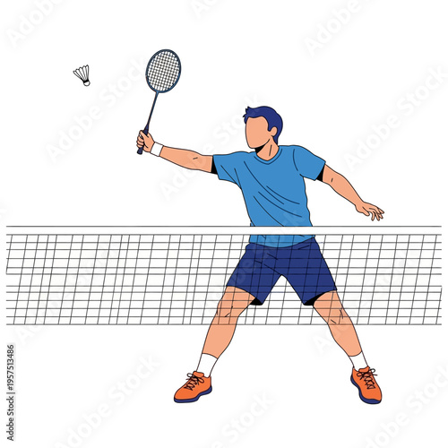 Man playing badminton, hitting shuttlecock over net, sports recreation, active lifestyle