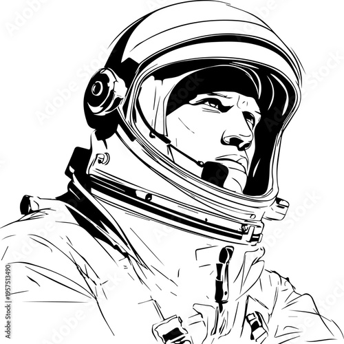 Hand Drawn Male Astronaut Black and White Avatar Illustration in Minimal Line Art Style Design