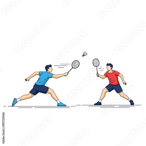 Two men playing badminton, action shot with rackets and shuttlecock, dynamic sport illustration