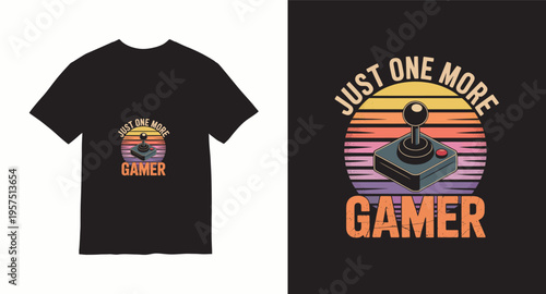 Just one more gamer retro vintage t-shirt design with joystick controller and sunset