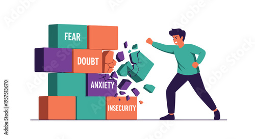 A determined man breaking through blocks of fear, doubt, anxiety, and insecurity