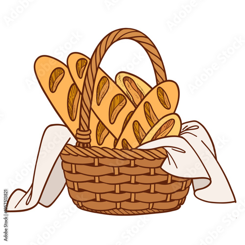 Large basket with a napkin full of bread - baguettes and buns color variation on white background