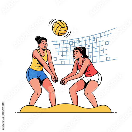 Two women playing beach volleyball, active lifestyle, summer sport, healthy fun