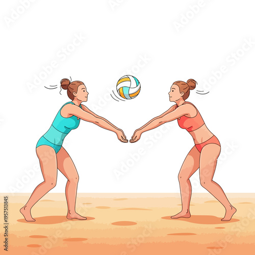 Two women playing beach volleyball, active lifestyle, summer sport, healthy recreation