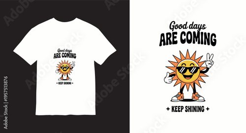 Happy sun character with sunglasses and peace sign for positive t-shirt design