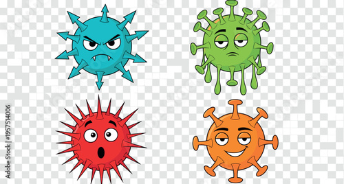 Cartoon virus characters set with funny expressions, colorful bacteria microbes mascots illustration isolated on transparent background for medical and educational design use