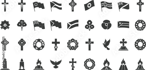 Collection of religious and national symbols in simple black icons