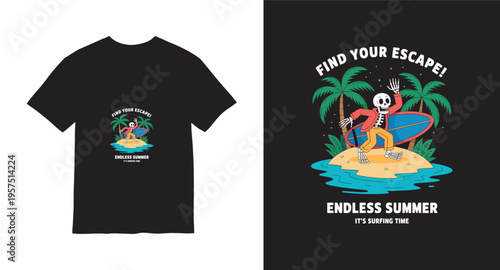 Skeleton surfer on tropical island with find your escape text