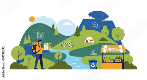 Sustainable Outdoor Adventures: Hiker Explores Nature with Bicycle, Camping, & Local Market. Flat Vector Illustration of Eco-Tourism & Healthy Lifestyle.