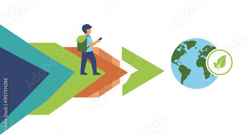 Green Journey to a Sustainable Planet: Eco-Conscious Individual Navigating Towards Earth with Leaf Symbol