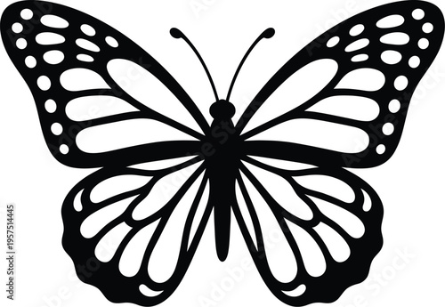 Black silhouette of a butterfly with detailed wings spread wide