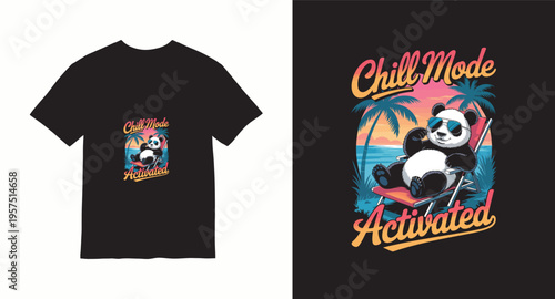 Chill mode activated t-shirt design, panda relaxing on beach chair, tropical palms, retro sunset style illustration