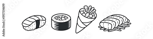 Black outline sushi illustrations including a nigiri a maki roll a temaki cone and sliced rolls.