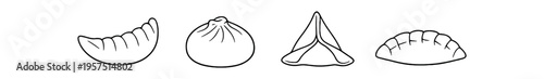 Black outline icons of four dumplings and buns in a horizontal row.