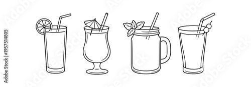 Black outline icons of four garnished drink glasses with straws in a row.