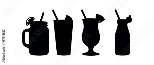 Black silhouettes of four different drink containers with straws arranged in a row.