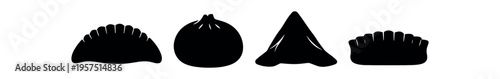 Black silhouettes of four dumplings and pastries arranged in a horizontal row.