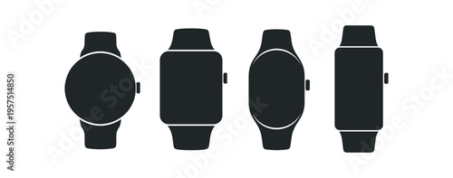 Four filled black smartwatch silhouettes showing round, square, rounded and rectangular case shapes.