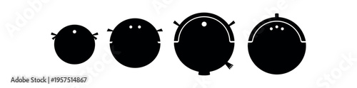 Four round robot vacuum silhouettes in a row showing small sensors and side brushes.