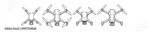 Four detailed line art top views of quadcopter drones showing cameras, rotors and landing gear.