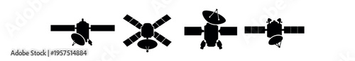 Four different satellite silhouettes shown in black, arranged horizontally.