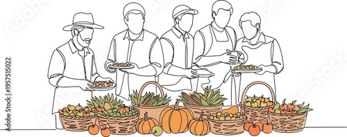 Farmers with baskets of fresh produce and pumpkins