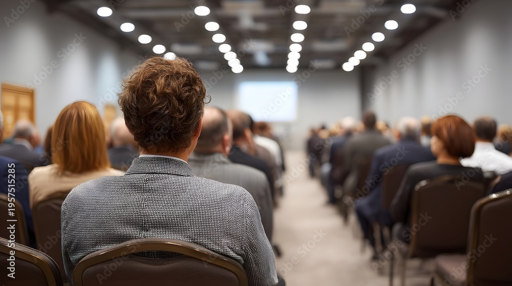 Fototapeta premium Audience attending a business presentation in a conference hall viewed from behind