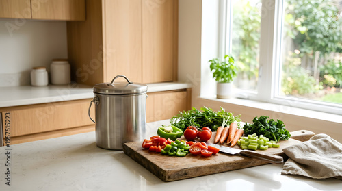 Zero waste kitchen compost bin counter featuring fresh vegetables strawberries tomatoes cucumbers vibrant