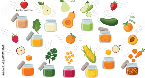 Large Collection of Organic Food Jars and Fresh Ingredients including Apple, Pear, Zucchini, Corn, and Berries for Healthy Smoothie and Canning Designs