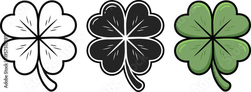 Four leaf clover icons in white, black, and green colors for luck symbols and st patricks day designs
