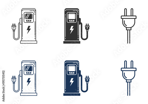 Electric vehicle charging station and plug icons