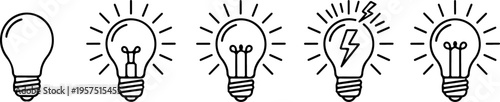  Idea and inspiration light bulb icon collection. Creative thinking, innovation and solution symbols with energy and insight elements for business and startup design eps