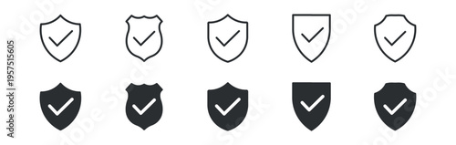 Security shield icon set. Protection, safety and verified security concept with shield and check mark symbols. Vector illustration.
