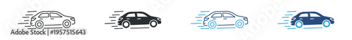 Fast car icon set. Speed, transportation and delivery concept with moving vehicle. Vector illustration.