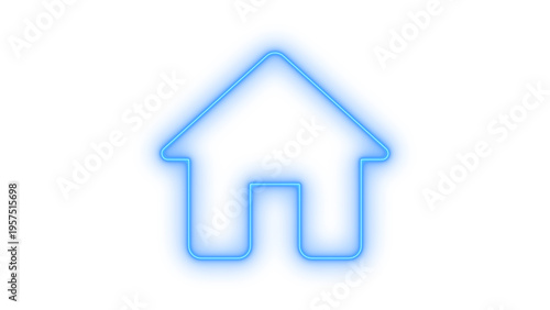 Vibrant blue neon house icon with glowing outline, representing home, residential, property, safety, and modern technology interface element, isolated on transparent background.