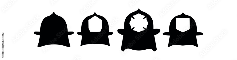 Fototapeta premium Four black firefighter helmet silhouette icons display different cutout shapes and bold solid profiles in a row.
