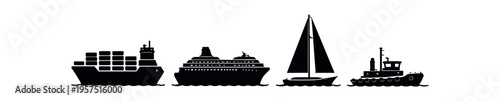 Four black maritime vessels in silhouette including a cargo ship, cruise liner, sailboat and tugboat on the water.