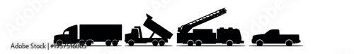 A lineup of black road vehicles in silhouette including a tractor trailer, dump tipper, ladder truck and pickup.