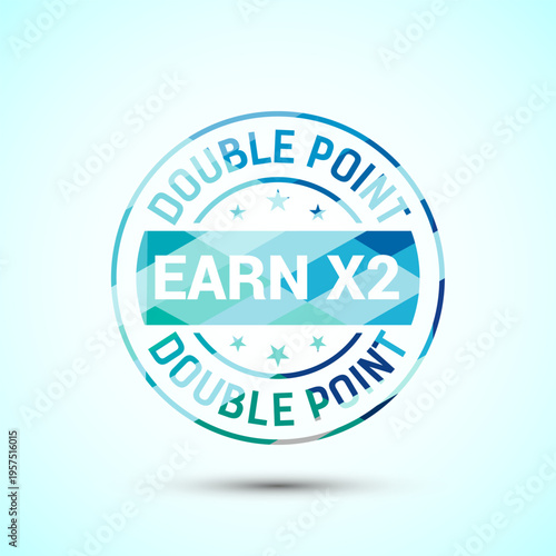 Double point earn x2 badge with blue polygon geometric horizontal banner and stars