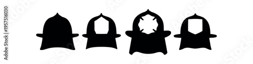 Four black firefighter helmet silhouette icons display different cutout shapes and bold solid profiles in a row.