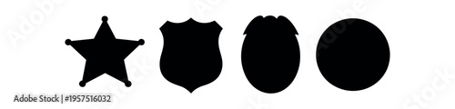 Four solid silhouette icons include a sheriff star, police shield badge, oval shape and filled circle displayed in a row.