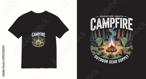 Campfire outdoor gear supply t-shirt design, adventure awaits, camping illustration, nature scenery