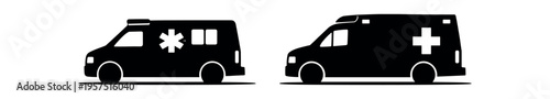 Two black side-profile ambulance van silhouettes each marked with a medical cross.