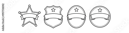 Four badge and shield outlines with stars and blank ribbons shown in a simple line style.