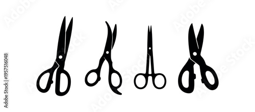 Four scissors shown as black silhouettes in varied shapes and sizes.