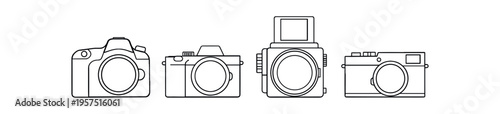 Four camera outlines showing different camera models in simple line art.