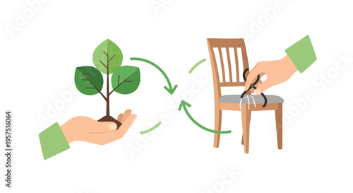 Circular Economy: Sustainable Resource Lifecycle from Plant to Product Repair and Reuse. Eco-Friendly Furniture Production Concept