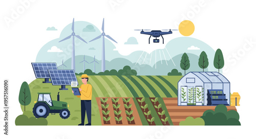 Smart Sustainable Farming: Agritech Landscape with Drone, Solar Panels, Wind Turbines & Greenhouse