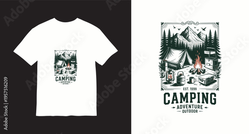 Camping adventure outdoor t-shirt design, mountain view, forest scene, natural landscape illustration
